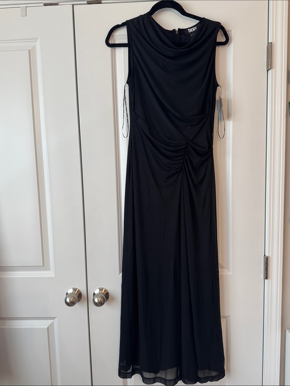 DKNY Black Sleeveless Maxi Dress with Draped Neckline and Ruched Side